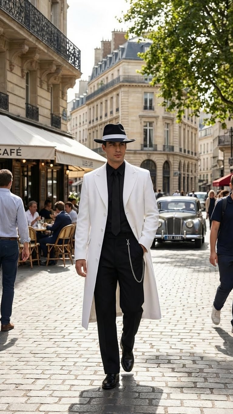 Men’s White Long Zoot Style Suit | Vintage Gangster Mafia Formal Coat with Black Pants