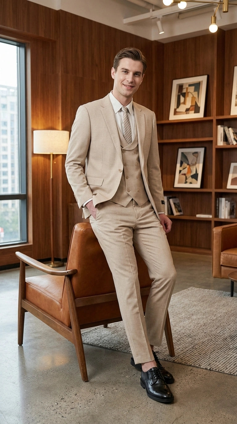 Mens Sand Beige 3 Piece Suit – Double breasted Vest Formal Suit Set and Dress Pants in Champaign Natural Summer Color