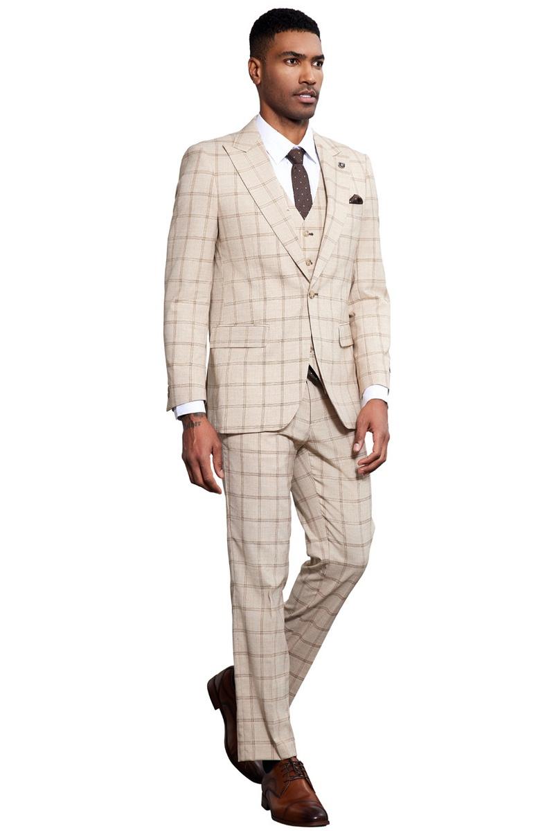 Stacy Adams One Button Windowpane Plaid Suit Tan