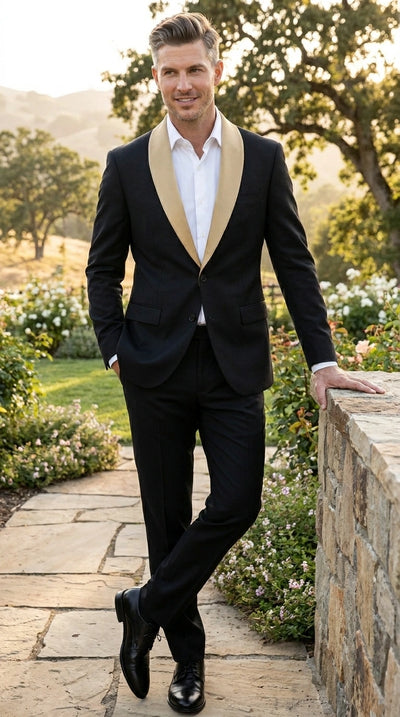 Menβs Black Suit with Gold Lapel β Luxury Formal Tuxedo Style Suit for Wedding, Prom, Party and Evening Wear