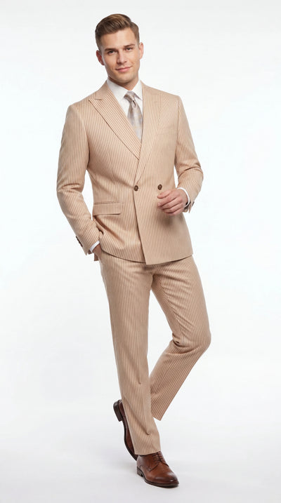 Vitali Menβs Tone on Tone Beige Pinstripe 2 Piece Suit, Double Breasted Summer Dress Suit for Weddings, Tan Beige Shadow Pinstripe
