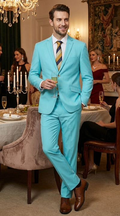 Menβs Aqua Blue 2 Piece 2 Button Suit, Formal Dress Suit for Weddings, Prom, Parties, Summer Events, Turquoise Light blue