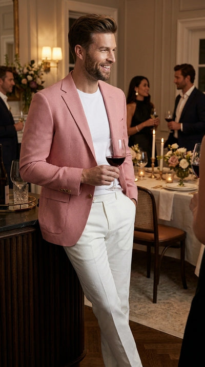 Menβs Red and white Houndstooth Summer Blazer, Lightweight Check Sport Coat for Weddings, Prom, Parties