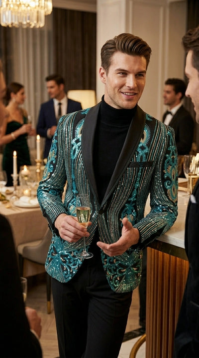 Menβs Black and Turquoise Blue With teal green Sequin Dinner Jacket, Formal Prom Wedding Paisley Floral Mardi Gra Pattern