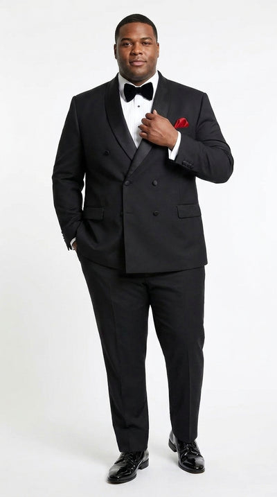 Menβs Black Double Breasted Evening Wear Suit with Satin Shawl Lapel and Red Pocket Square