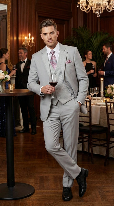 Menβs Light Gray 3 Piece Suit β Ice Silver Gray Formal Suit Set with Vest, Patterned Lapel and Tie for Wedding, Prom and Business Events
