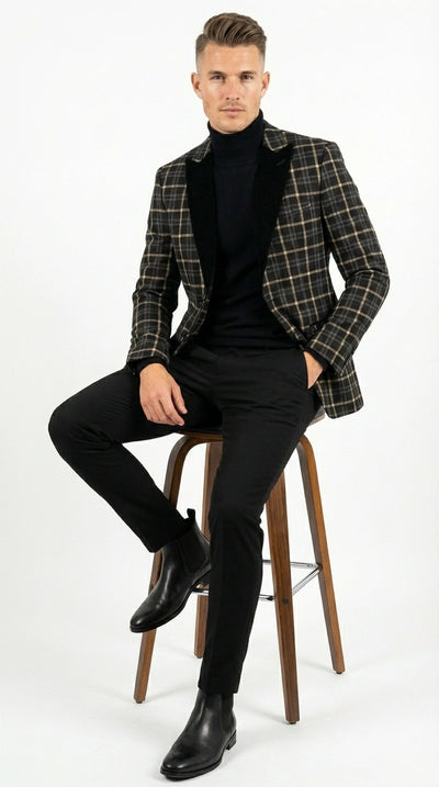 Mens Tartan Black and Gold Check Blazer β Windowpane Plaid Sport Coat Velvet Lapel Formal Party Jacket Chirsitmas New Year Holiday Jacket