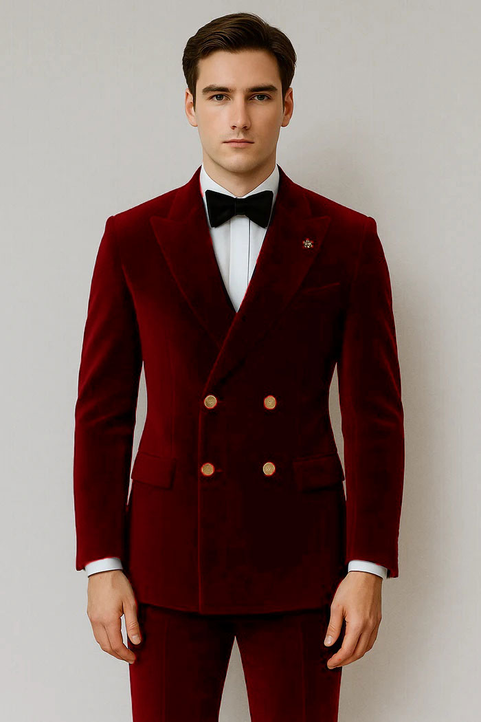 Mens Velvet Suit - Slim Fit Double Breasted Suit Blazer and Pants - Green