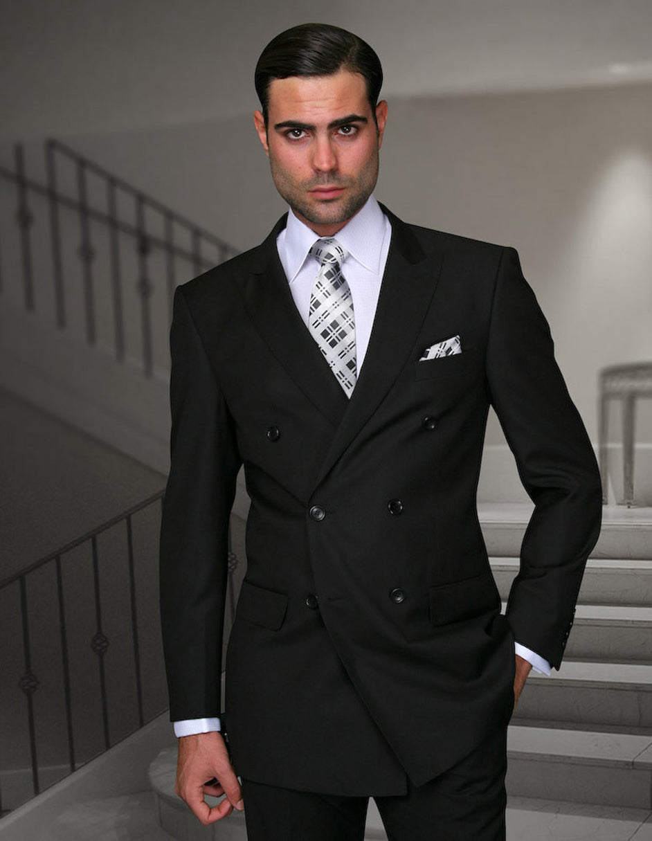 Men's Classic Double Breasted Wool Suit Black