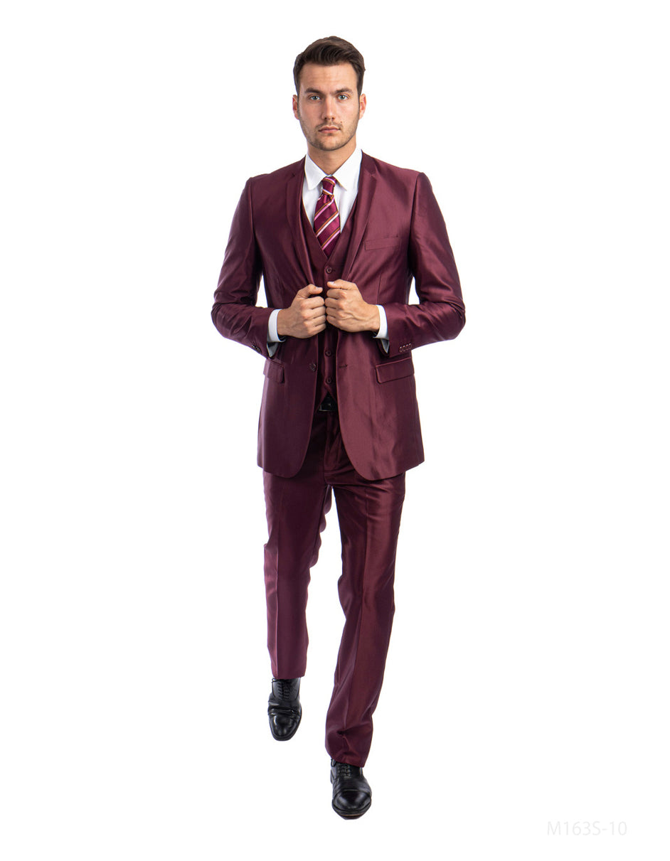 Mens Tazzio Shiny Sharkskin Burgundy Slim Suit