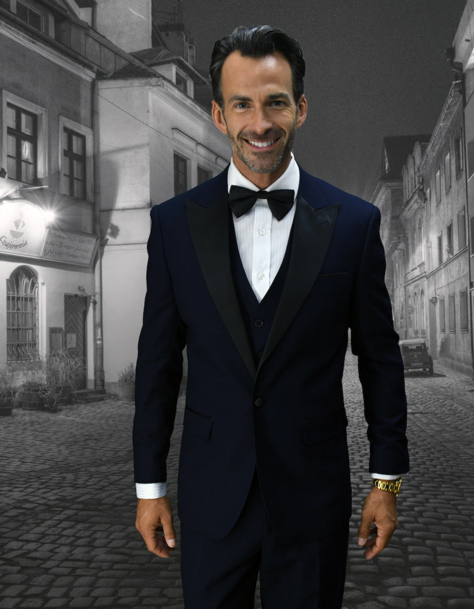 Navy Wool Tuxedo with Peak Lapel & Vest