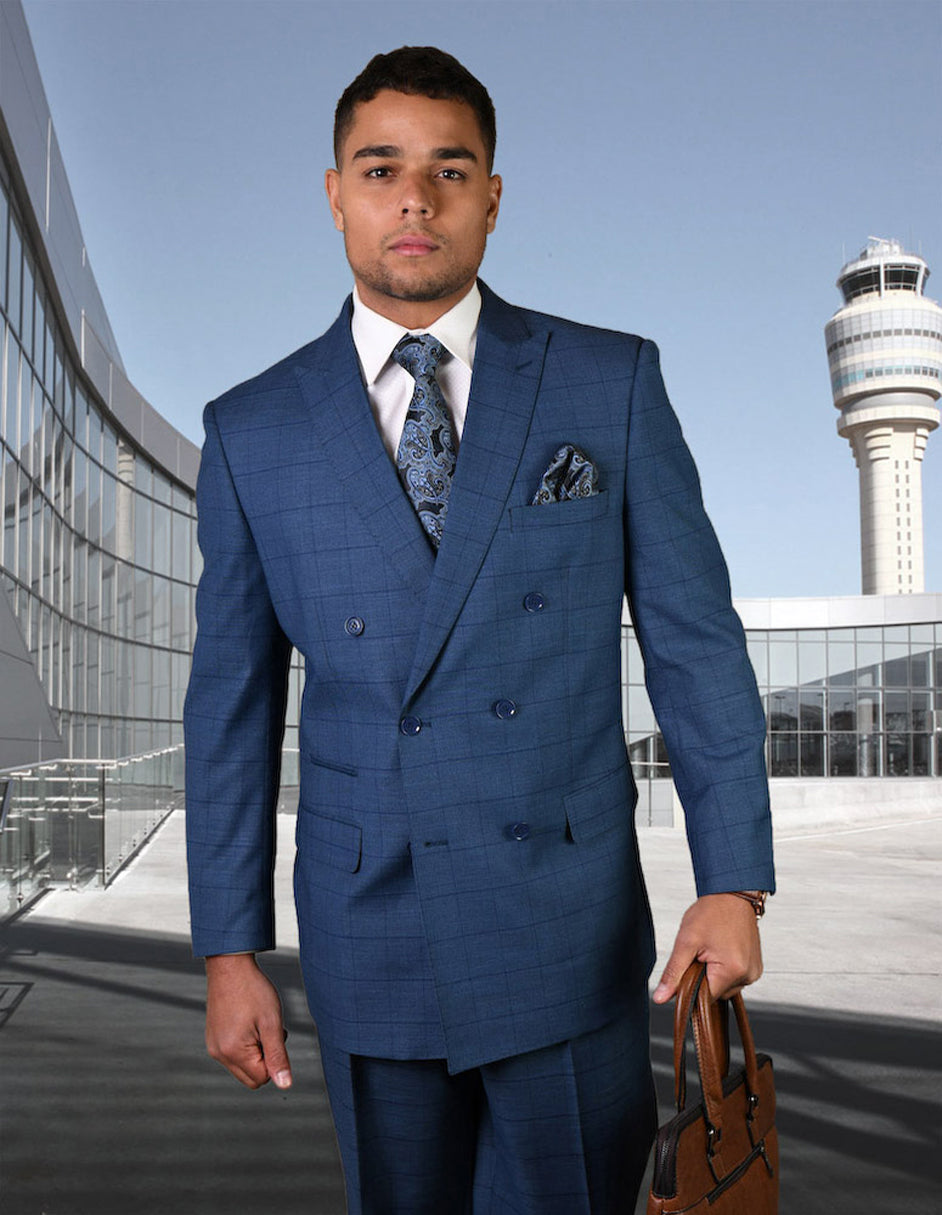 Indigo Windowpane Double Breasted Wool Suit