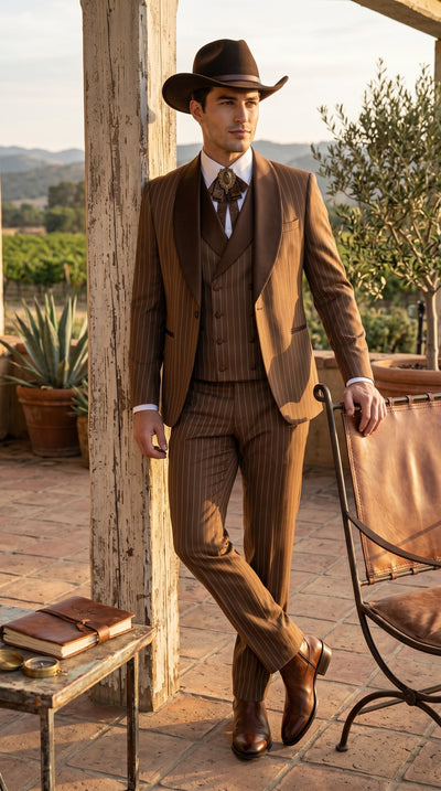 Menβs Brown Pinstripe Western Cowboy Tuxedo, Contrast Shawl Lapel Formal Suit for Weddings, Prom, Parties, and Special Occasions