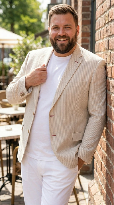 Menβs Beige Seersucker Summer Blazer, Lightweight Striped Sport Coat for Weddings, Parties, Beach Events in Tan Color