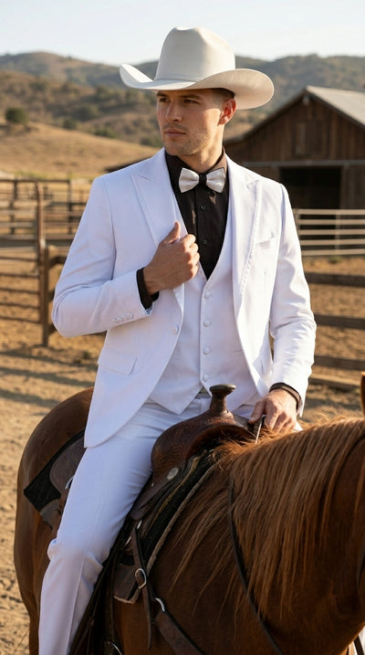 Menβs White Western Cowboy 3 Piece Tuxedo Suit, Formal Wedding Prom Groom Suit Set