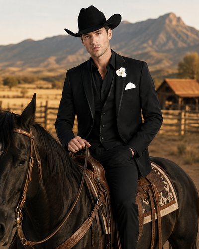 Menβs Black Western Tuxedo Suit, 3 Piece Cowboy Formal Wedding Prom Suit with Satin Trim