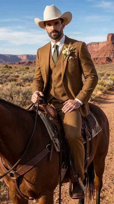 Menβs Tan Groom Outfit Country Wedding 3 Piece Suit Khaki Camel Color Modern Fit