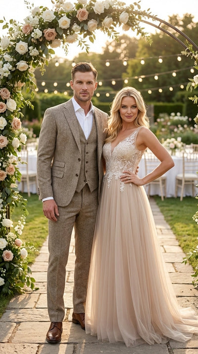 Menβs Light Beige Herringbone Tweed Suit with Vest β Classic Three Piece Formal Suit, Vintage Business Wedding Outfit, Elegant Smart Casual Wear