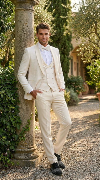 Menβs Ivory Paisley Tuxedo Suit 3 Piece β One Button Vested Satin Formal Suit for Wedding in Off white Cream Color