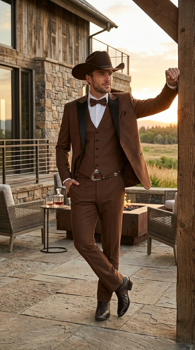 Menβs Light Brown Western Tuxedo 3 Piece Suit with Black Peak Collar Lapel, Country Look Cowboy Suit