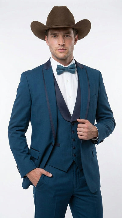 Menβs Teal Blue Western Tuxedo Suit, 3 Piece Cowboy Formal Wedding Prom Suit with Black Shawl Lapel Saphire