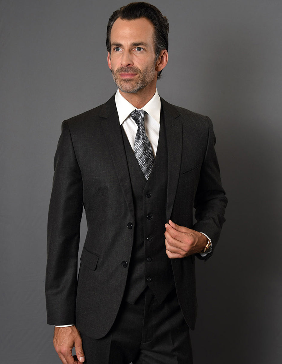 2 Button Slim Fit Black Textured Suit with Vest