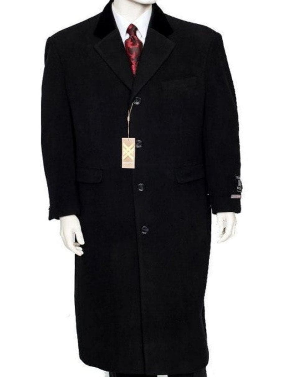 Black Cashmere Chesterfield Overcoat – 1920s Full Length Topcoat Velvet Collar