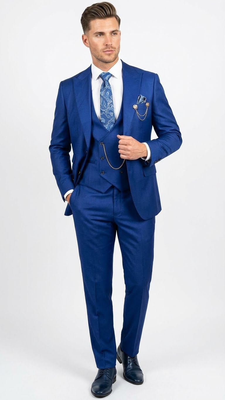 Men’s Royal Blue 3 Piece Suit Set with Vest – Formal Wedding and Party Wear Suit - Saphire Cobalt blue