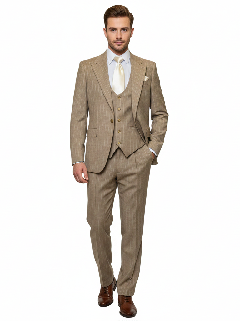 Men’s Beige Pinstripe Three-Piece Suit – Classic Fit Formal Suit with Vest and Flat-Front Pants in Tan Stripe By Rossiman
