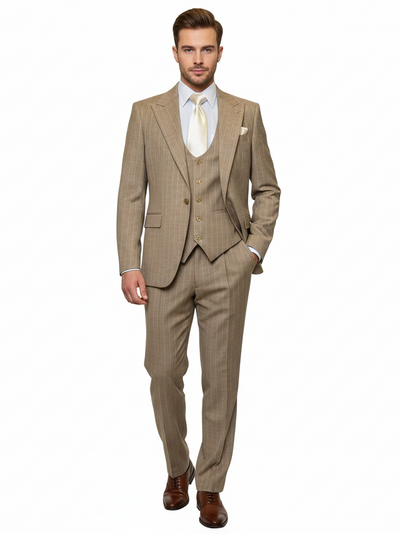 Men’s Beige Pinstripe Three-Piece Suit – Classic Fit Formal Suit with Vest and Flat-Front Pants in Tan Stripe By Rossiman
