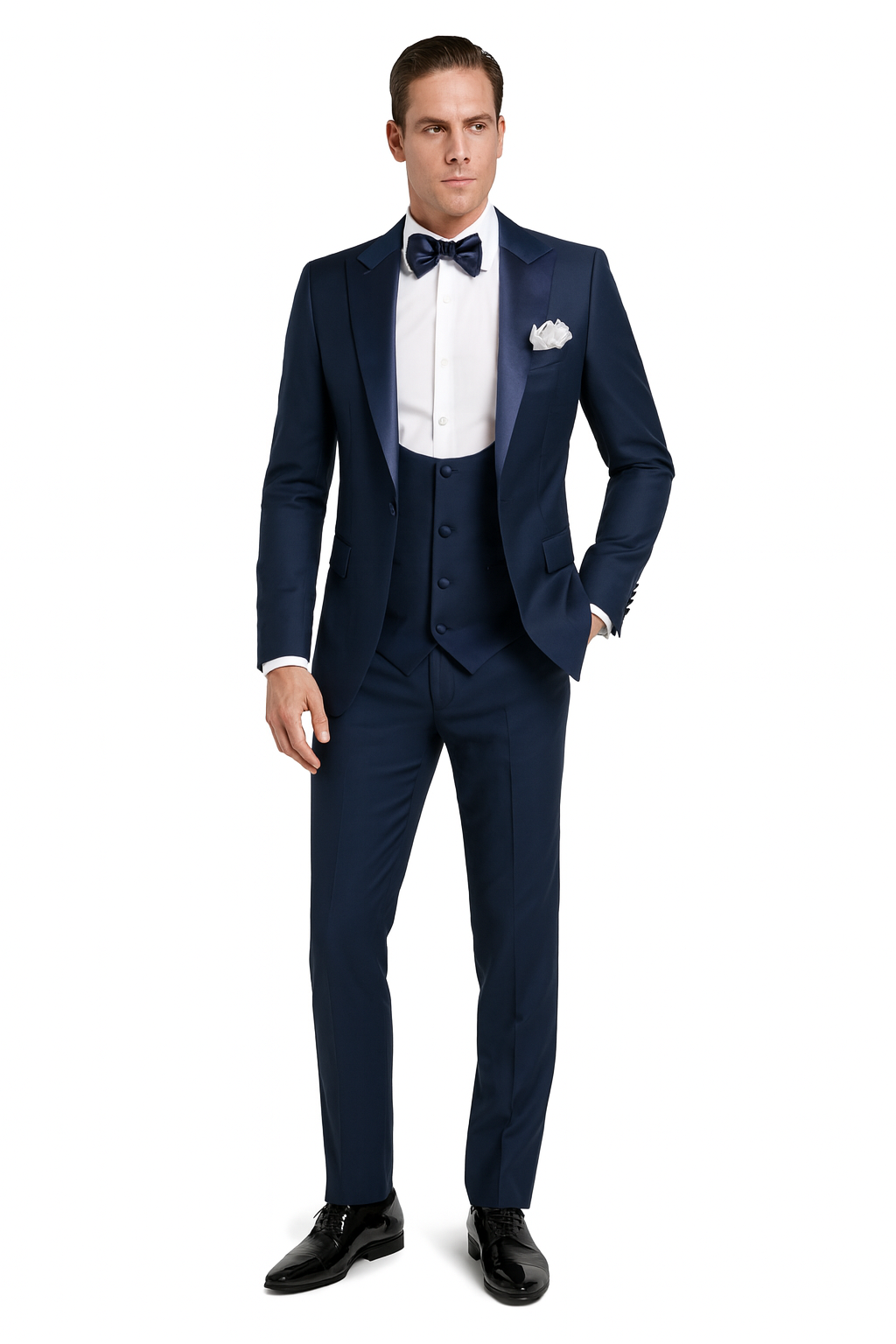 Men's Navy Satin Peak Lapel Tuxedo 3-Piece Set