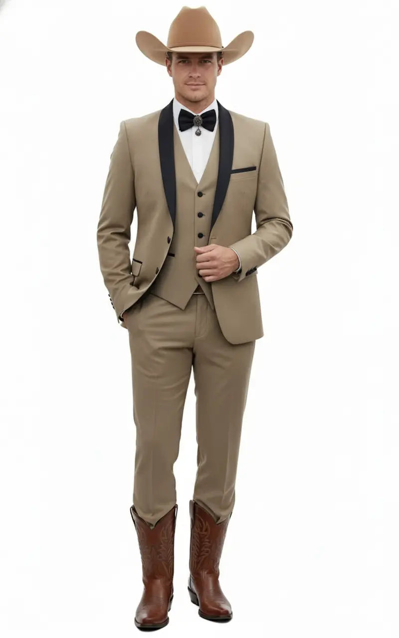 Men’s Western Cowboy Suit – 3-Piece Tan Tuxedo with Black Lapel, Vest, and Pants Beige Color