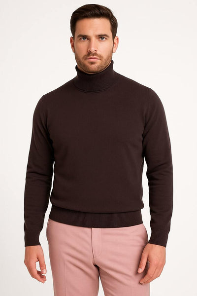 Men's Brown Turtleneck Sweater β Classic Slim Fit Knit Pullover for Fall and Winter