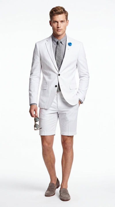 Menβs Cotton Fabric White 2 Piece Summer Suit with Shorts, Casual Beach Wedding and Resort Formal Outfit