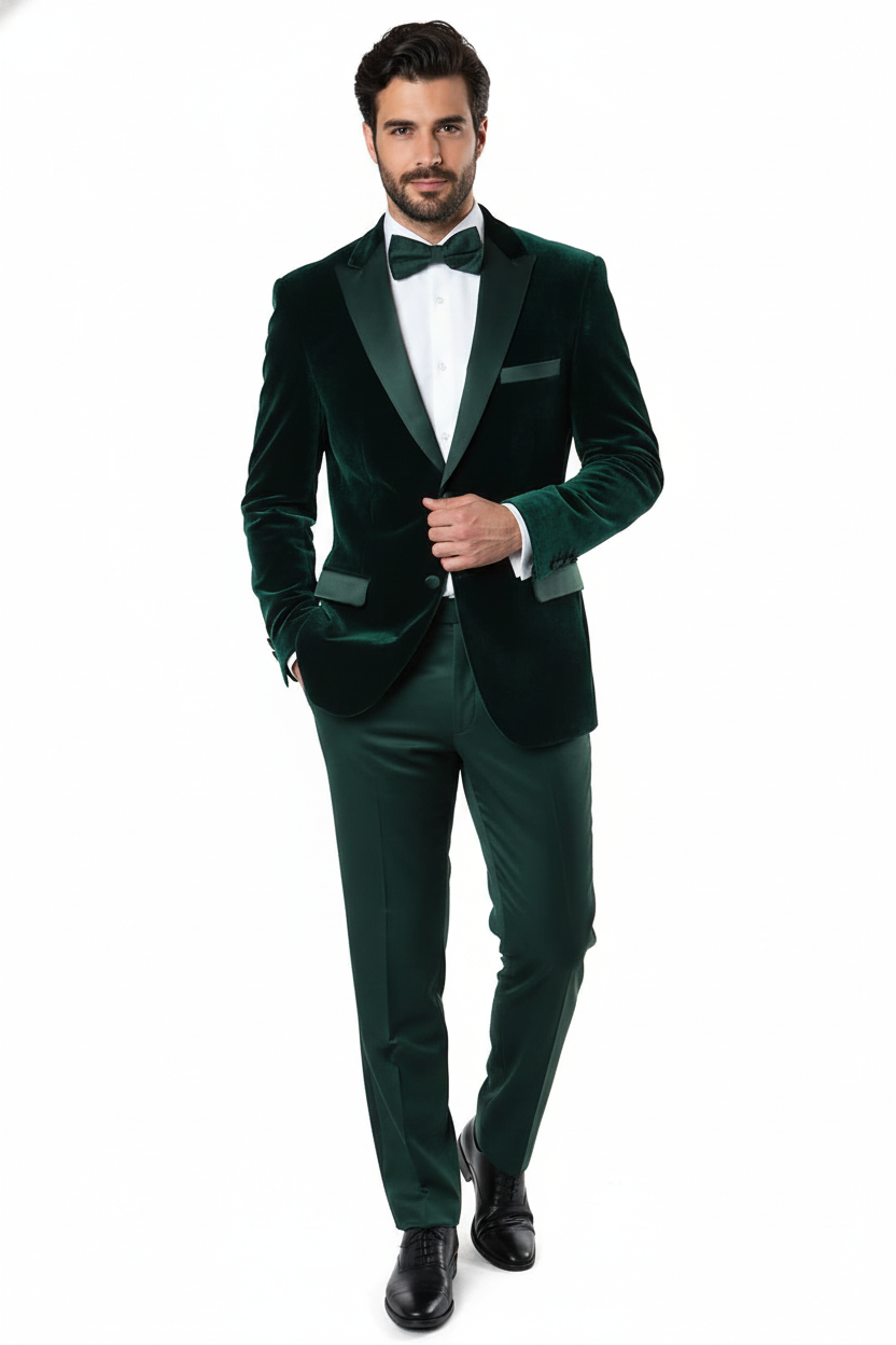 Men’s Dark Green Velvet Tuxedo Dinner Jacket – Slim Fit Formal Blazer with Satin Peak Lapel Lape