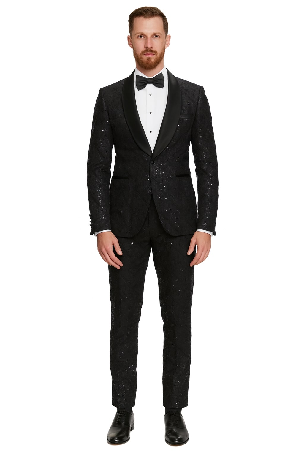 Black Sequin Tuxedo Suit with Satin Shawl Lapel – Mens Slim Fit Formal Prom and Wedding Attire