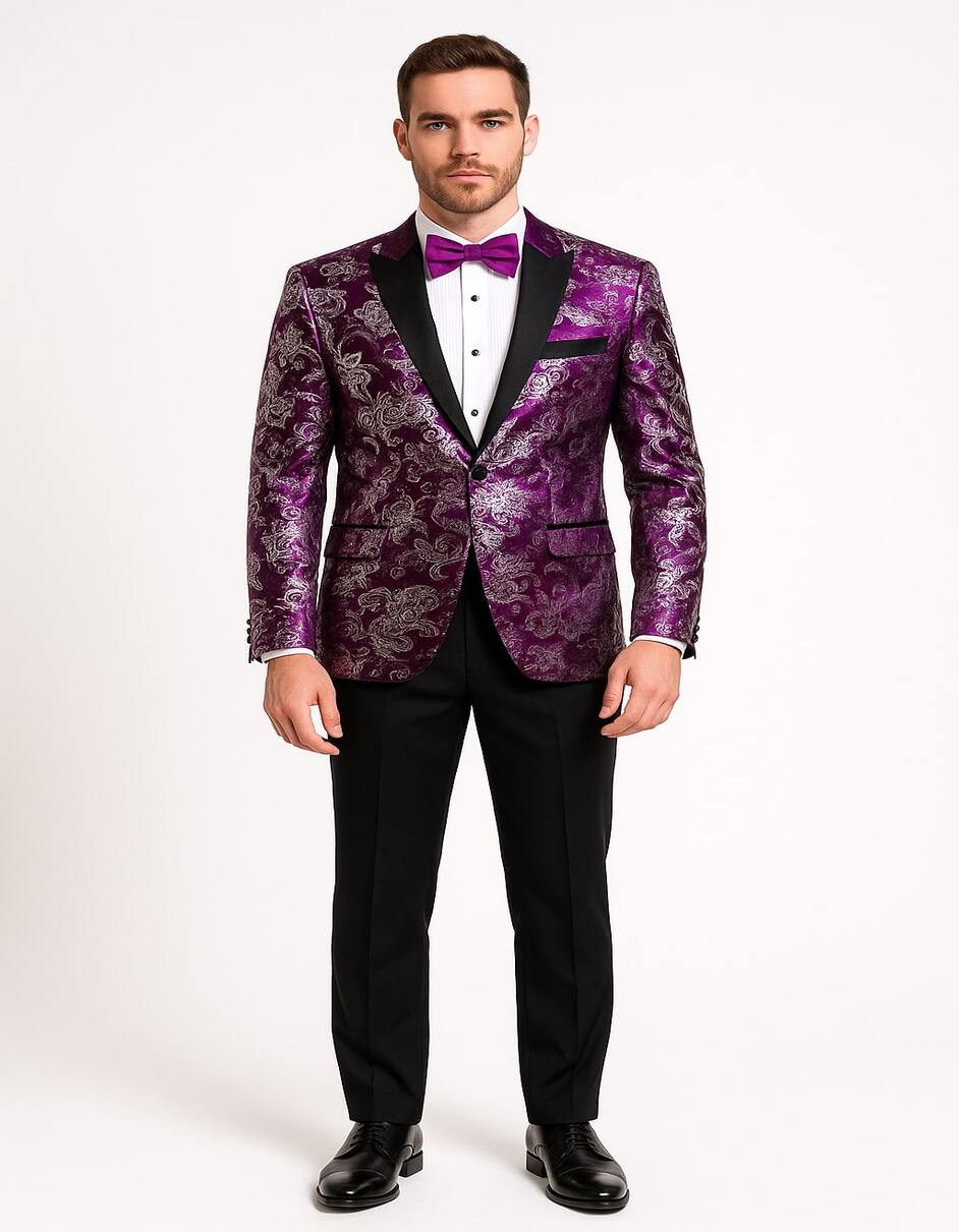 Men's Pinkish ~ Purple Paisley Tuxedo Jacket with Black Satin Lapel –, image size:942x1211