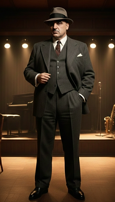 Al Capone Men’s Charcoal Gray Stripe 3-Piece Gangster Style Suit – 1920s Jazz Club Inspired Formal Suit Outfit