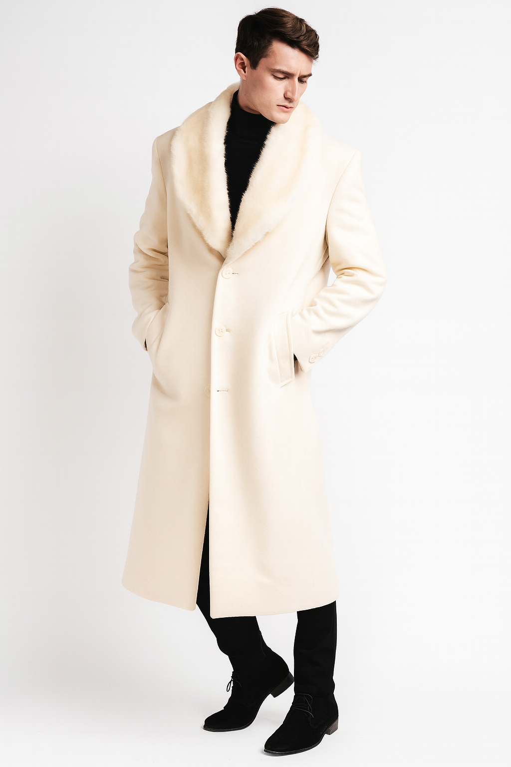 Ivory Full-Length Overcoat with Faux Fur Shawl Collar