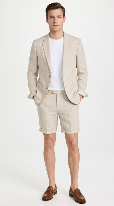 Menβs Tan Linen Suit with Shorts, 2 Piece Summer Short Suit, Casual Beach Wedding Outfit