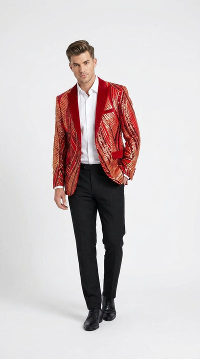 Menβs Red and Gold Sequin Christmas Holiday Blazer β Luxury Party Jacket for New Year, Wedding and Festive Events