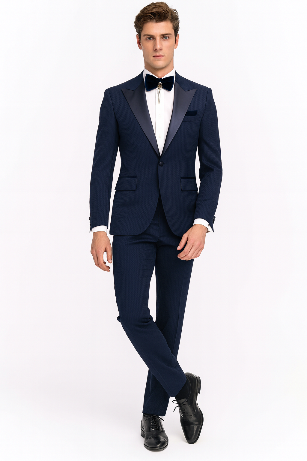 Men’s Navy Blue Tuxedo with Satin Peak Lapel With Matching Color Lapel Sateen – Formal 2 Piece Suit