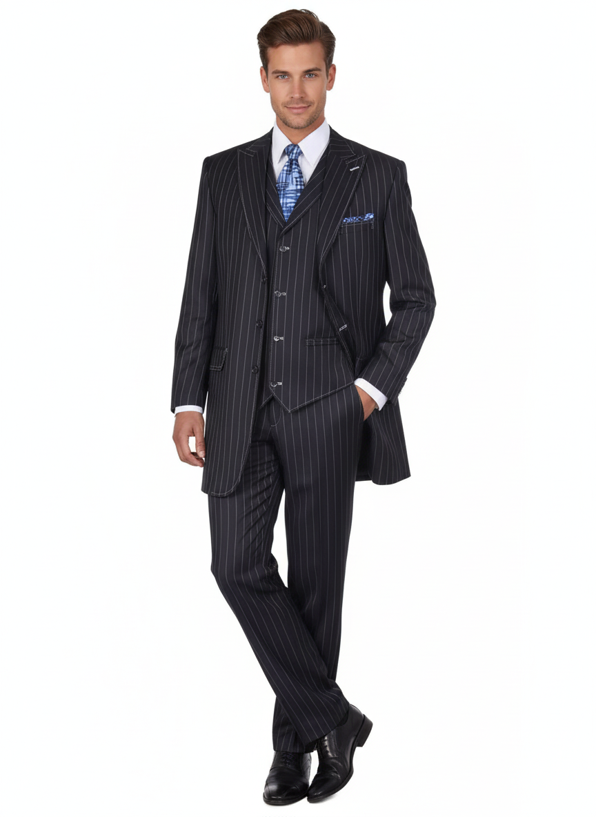 Men's Three Button Suits - Navy Blue Pinstripe Three-Piece Suit – Classic Business and Formal Wear with Tailored Fit