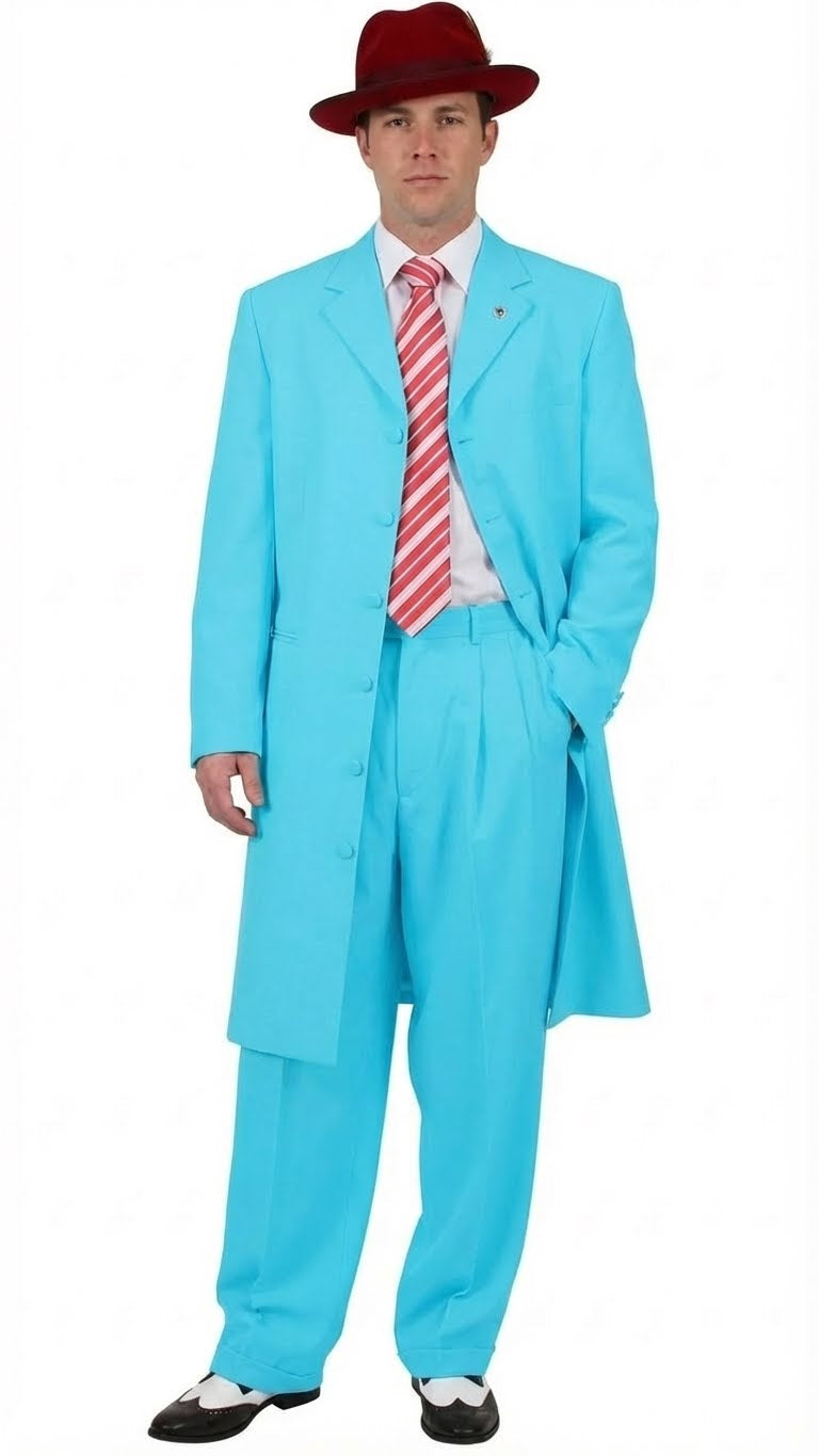 Men’s Sky Blue Long Zoot Suit – Classic 2-Piece Vintage Fashion Set with Long Coat and Pants + Vest in light Blue Color