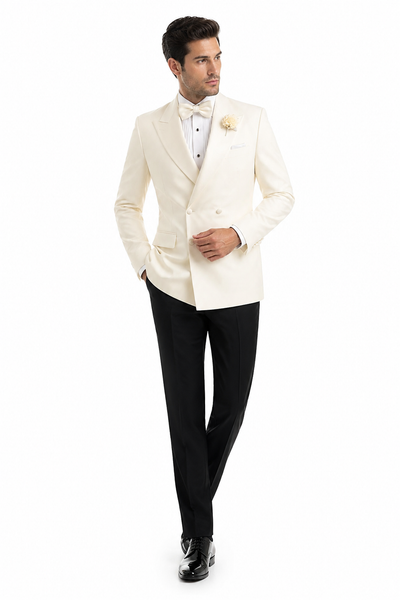 Menβs Ivory Double Breasted Dinner Jacket, Peak Lapel Formal Wedding Prom Tuxedo Blazer in cream off white color