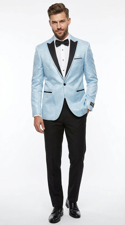 Men’s Baby Blue Tuxedo Blazer with Black Lapel – Formal Dinner Jacket for Wedding, Prom and Evening Events in Sky Light Blue Color