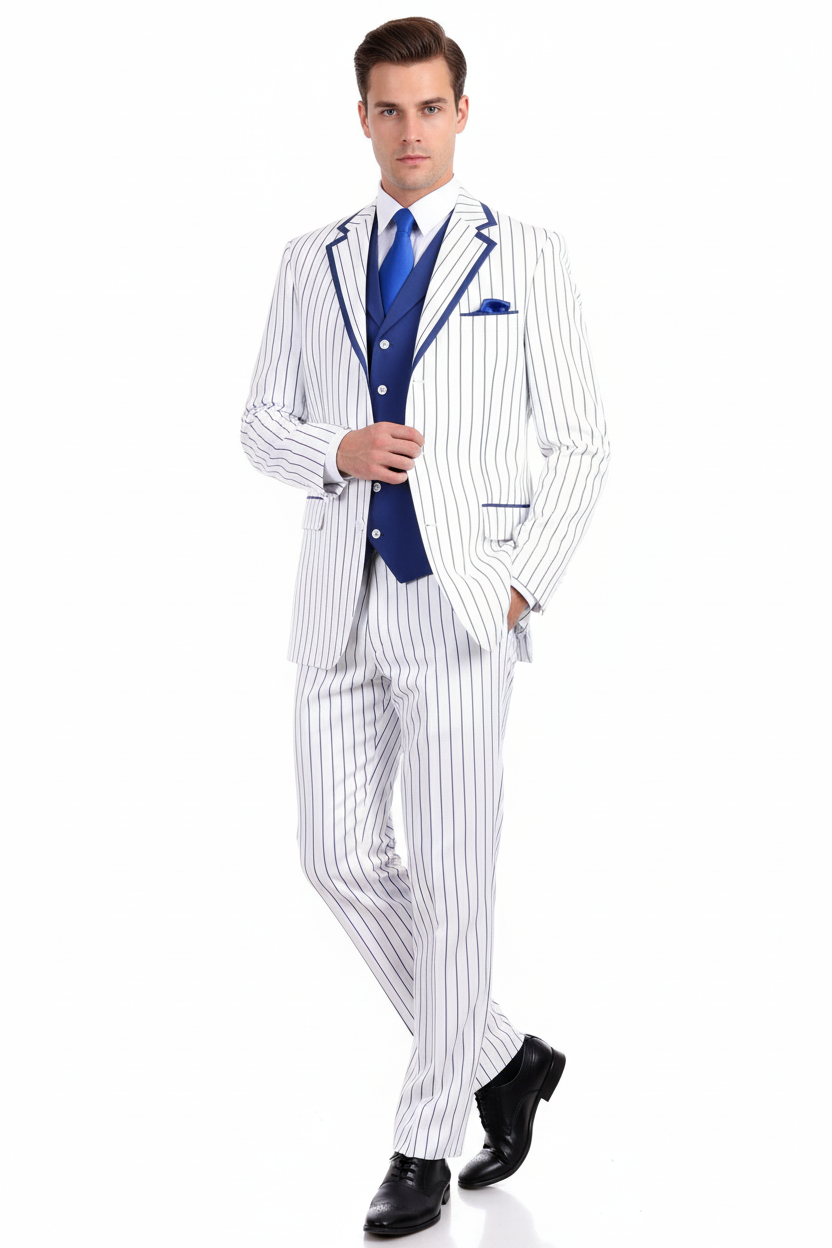 White and Royal Blue Pinstripe 3-Piece Suit