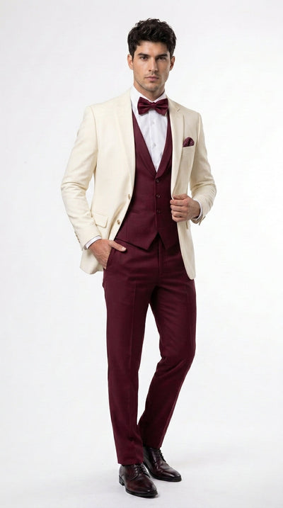 Menβs Cream Ivory and Burgundy 3 Piece Tuxedo Suit, Vested Formal Wedding Prom Dinner Suit in Cream Off White Color