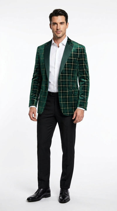 Menβs Green and Gold Plaid Christmas Holiday Blazer β Classic Check Party Jacket for New Year, Wedding and Festive New Year event