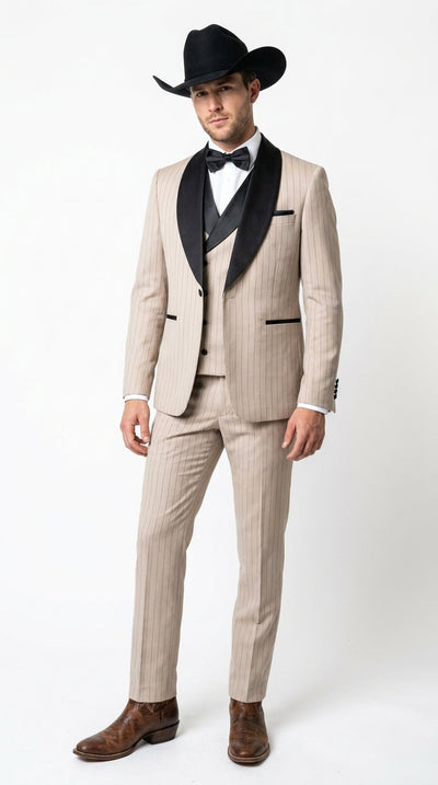 Menβs Beige Pinstripe Western 3 Piece Tuxedo Suit with Black Shawl Lapel, Formal Cowboy Wedding Prom Suit in Tan Khaki Color